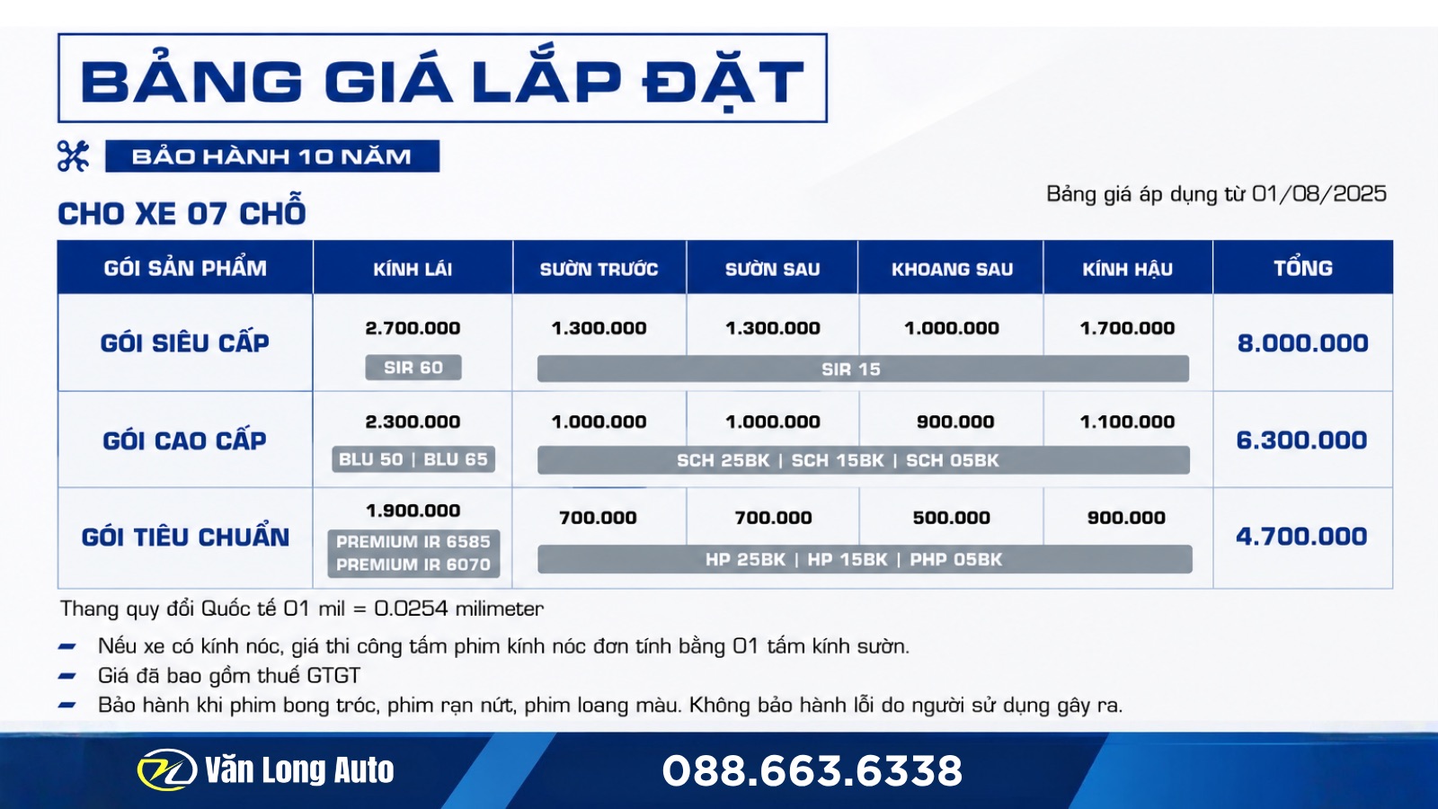 Bảng giá phim cách nhiệt NTECH xe 7 chỗ tại Văn Long Auto
